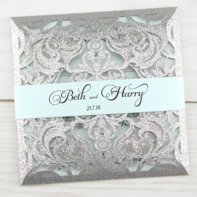 Farrah Full Glitter with Band Invitation – Teals / Oranges / Yellows