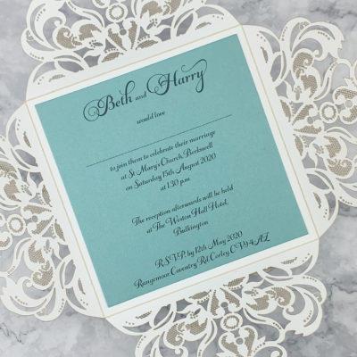Farrah with Belly Band Wedding Invitation – Teals / Oranges / Yellows
